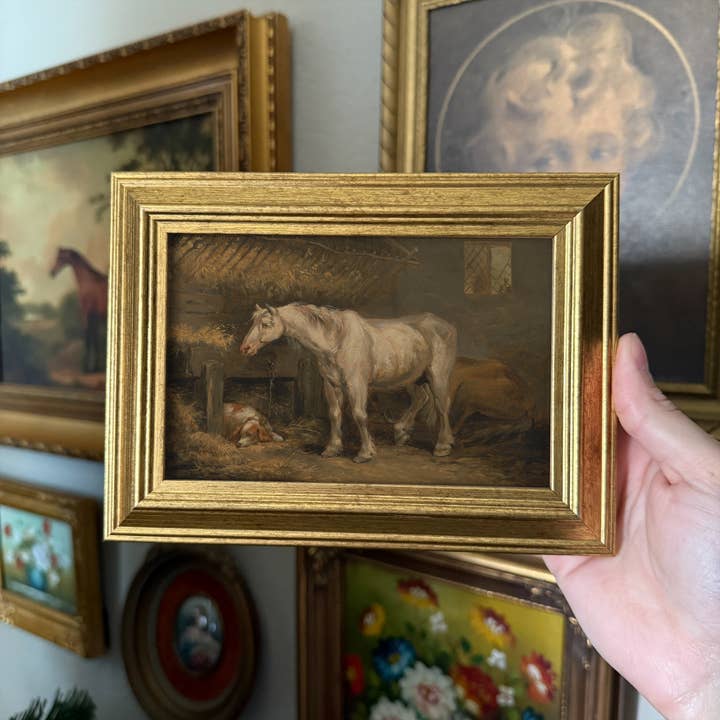 Vintage Style Horse and Dog in Barn Art Print Framed for wholesale by Thrift Antiques