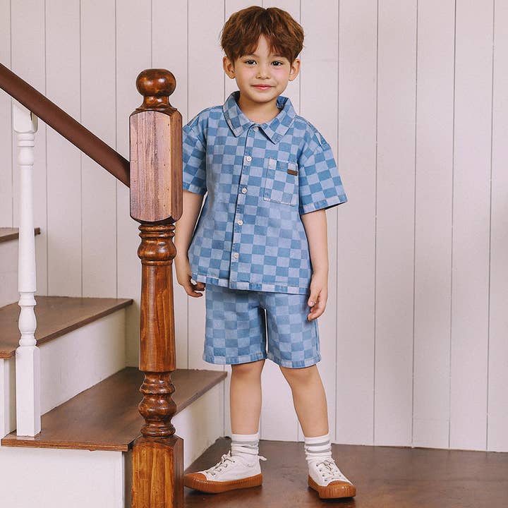 ToTo Heros - Wholesale Button Down Shirt - Kids - Liam Checkerboard Denim Short Sleeve Shirt4