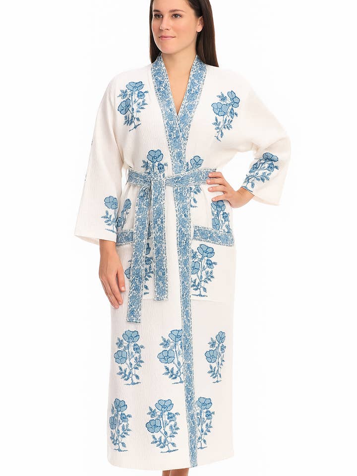 Indigo Garden Waffle Cotton Robe for wholesale by Purple Mohar