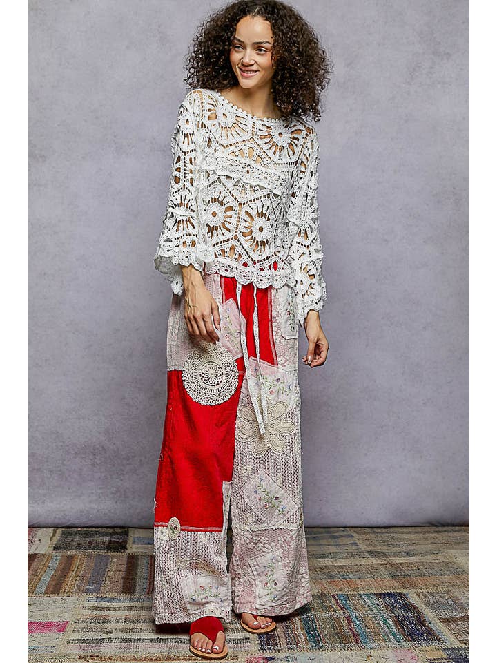 Pol Clothing - Wholesale Knit Top - Women's - Round Neck 3/4 Sleeve Crochet Cropped Top4