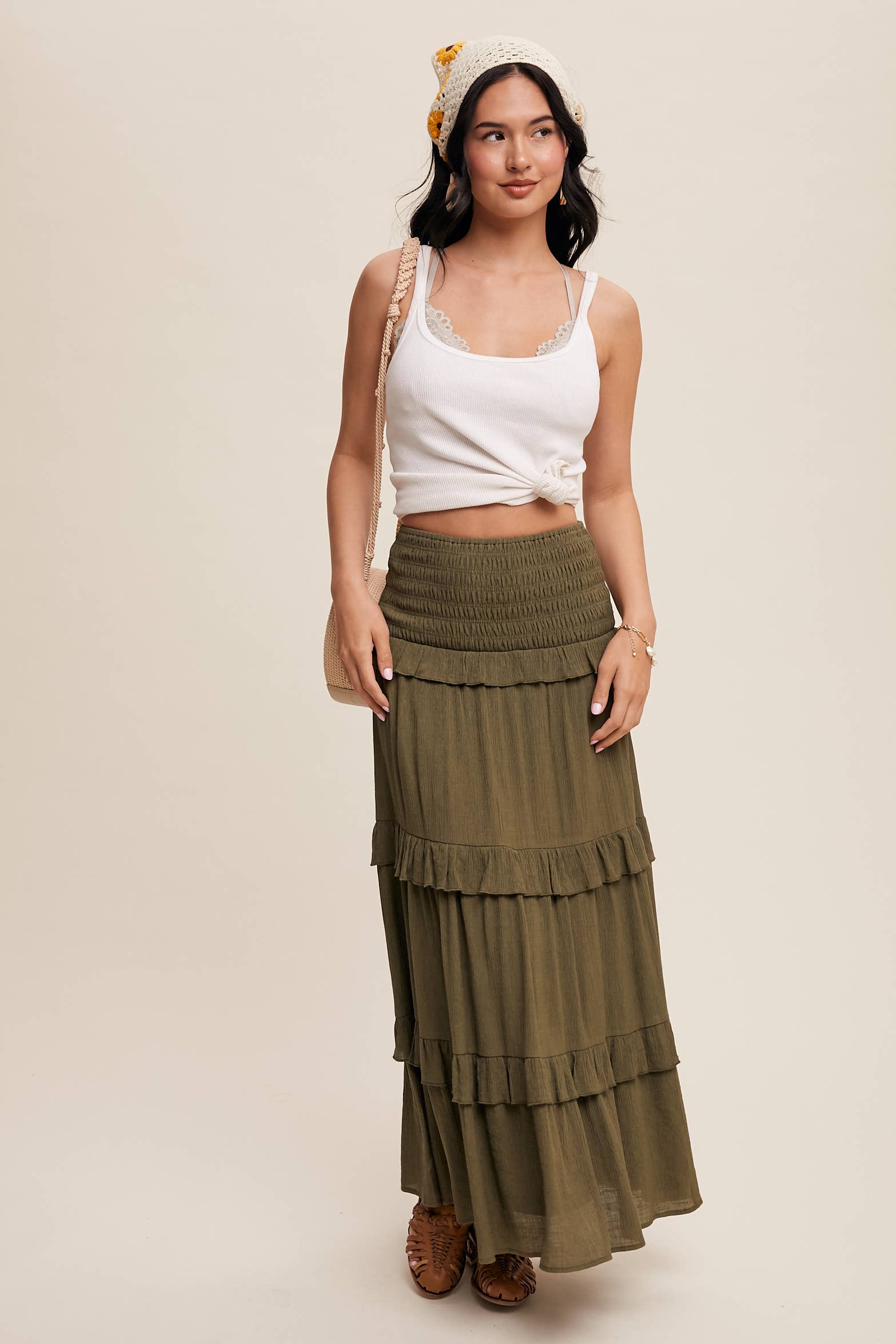 Listicle - Wholesale Skirt - Women's - 2-Way Smocked Ruffle Tiered Midi Dress or Skirt30