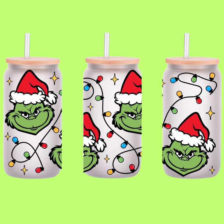 MySunshineCandless - Wholesale Drinkglas/beker - Kerst Grinch Beker 16oz Glazen Blikbeker Met Deksel en Rietje1