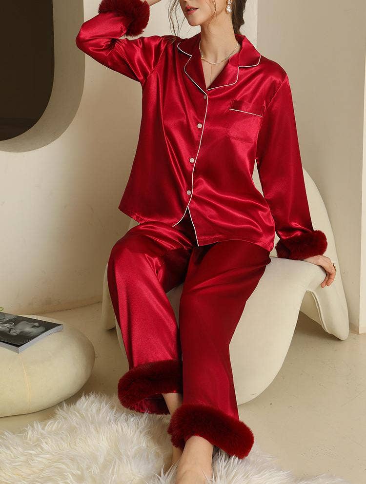 Rosa Clothing - Wholesale Lounge Set - Women's - Stain fur trim long-sleeved shirt pants loungewear set5