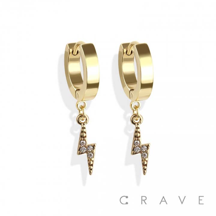 CRAVE BODY JEWELRY - Wholesale Huggie Earrings - PAIR OF SS EARRINGS WITH ALLOY CZ PAVED LIGHTING BOLT1