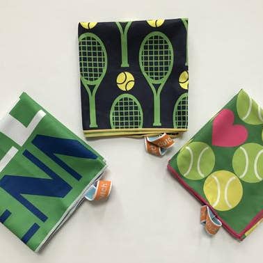 Clutch Towels - Wholesale Sports Towel - Small Tennis/workout Towels, Racquets on Blue Tennis
