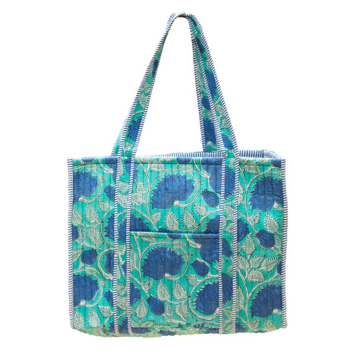 Turquoise Bloom Quilted Block-Printed Tote for wholesale by Anju Jewelry