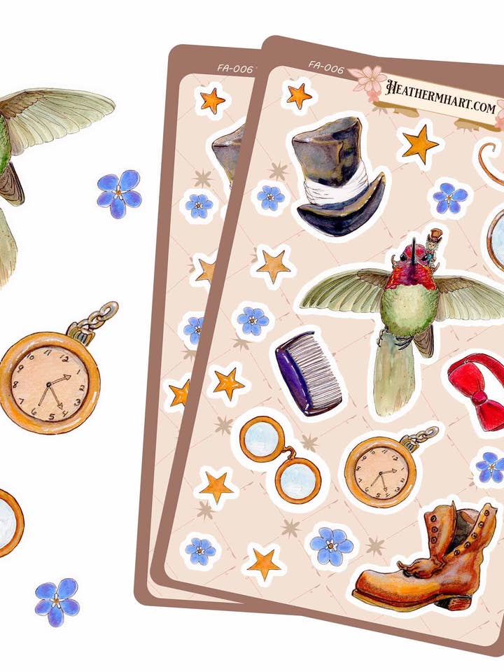 Dapper Hummingbird Sticker Sheet | Whimsical Gentleman Animal Stickers | Steampunk Journaling Stickers for wholesale by Wings of Fantasy