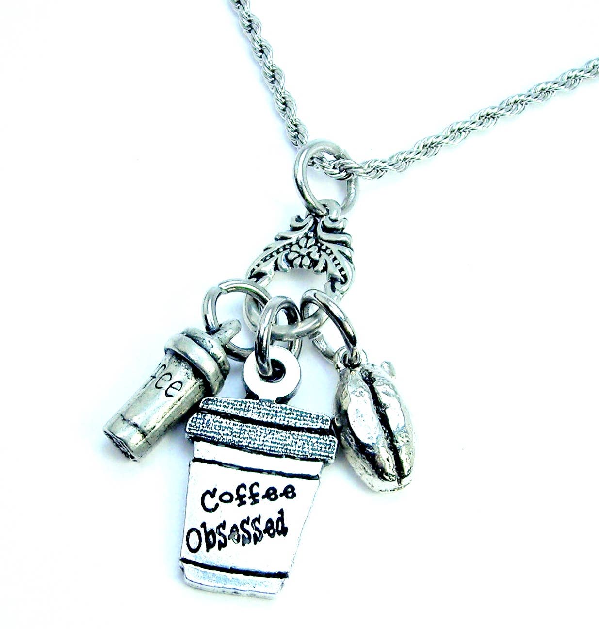 Chubby Chico Charms - Wholesale Pendant/Charm Necklace - Coffee Obsessed coffee bean and cup Charm Holder Necklace1