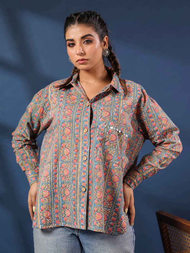 Teal & Coral Handblock Printed Lose Fit Cotton Shirt for wholesale by Jaipur Morni USA