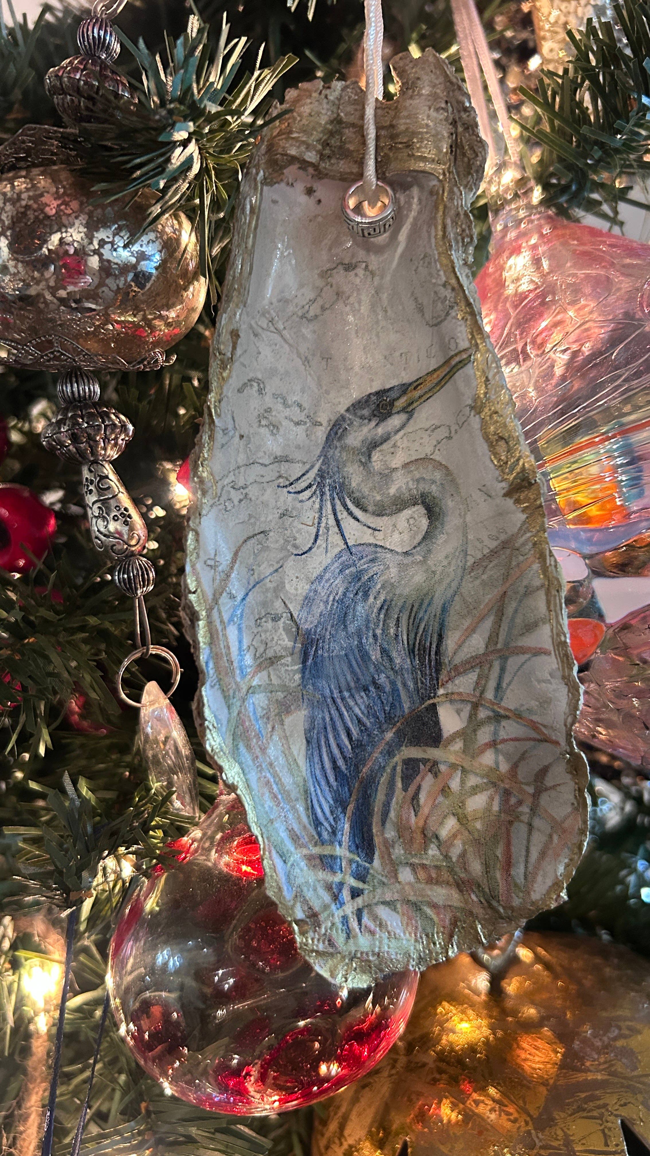 Wild Child Art Studio - Wholesale Ornament -  Blue Heron Oyster Shell Ornament1
