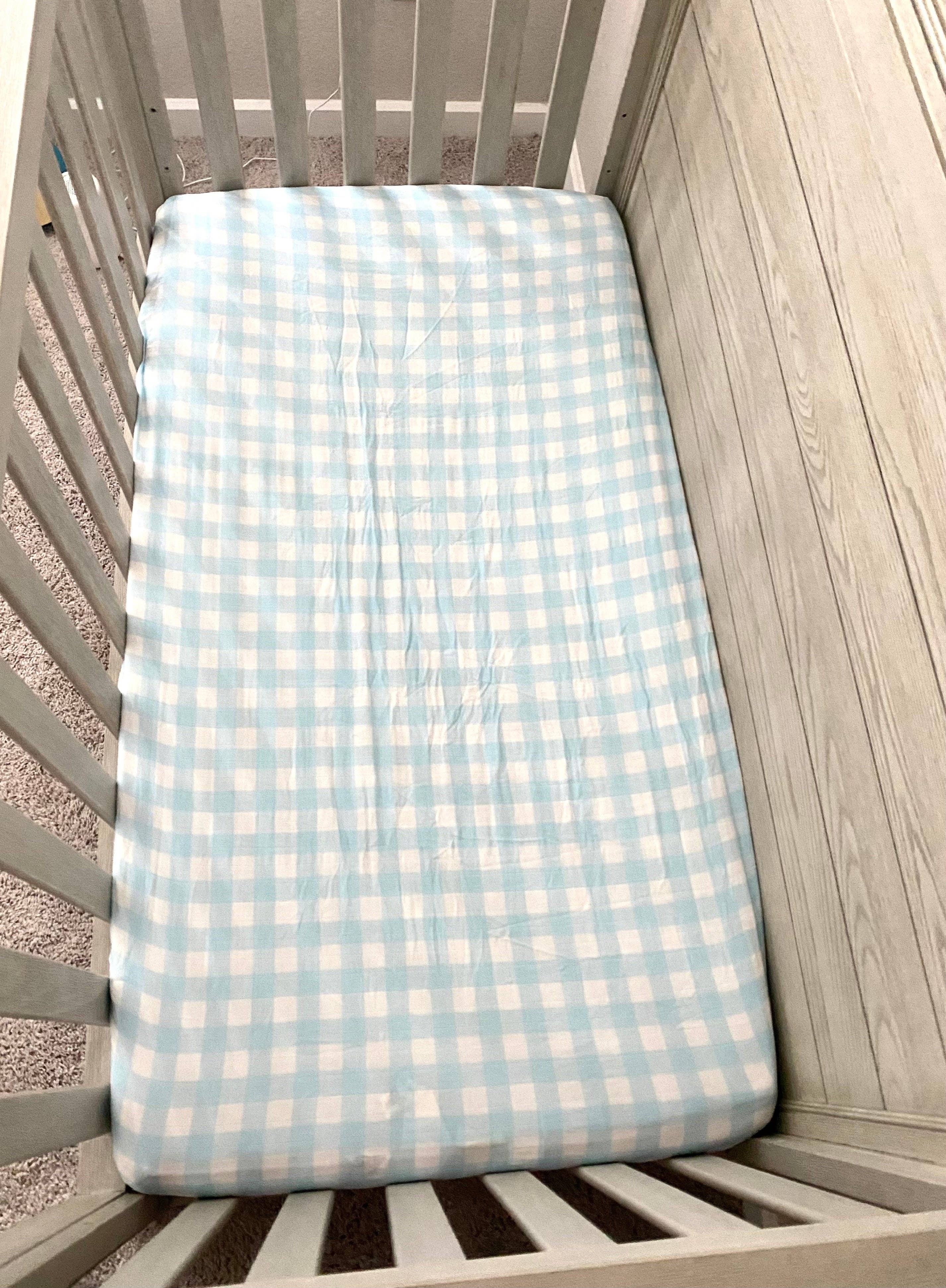 Gracie's Closet - Wholesale Cot/Crib Sheets - Blue Gingham Muslin Bamboo Crib Sheet1