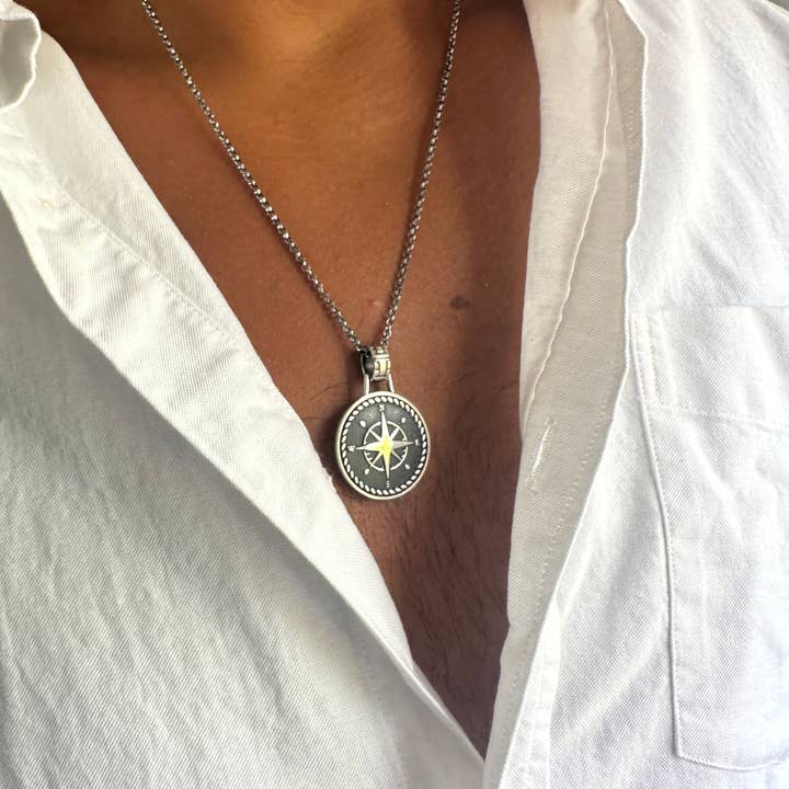 Christina Christi - Wholesale Pendant/Charm Necklace - Sterling Silver Compass Necklace Men, Real Silver Necklace,