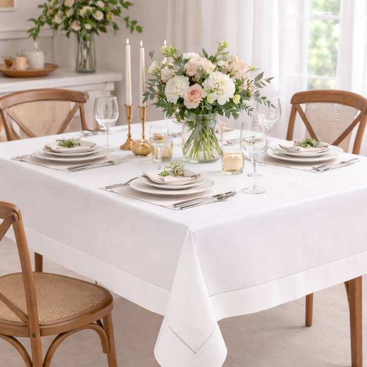 Fennco Styles - Wholesale Tablecloth - White Classic Hemstitched 70"x104" Tablecloth1
