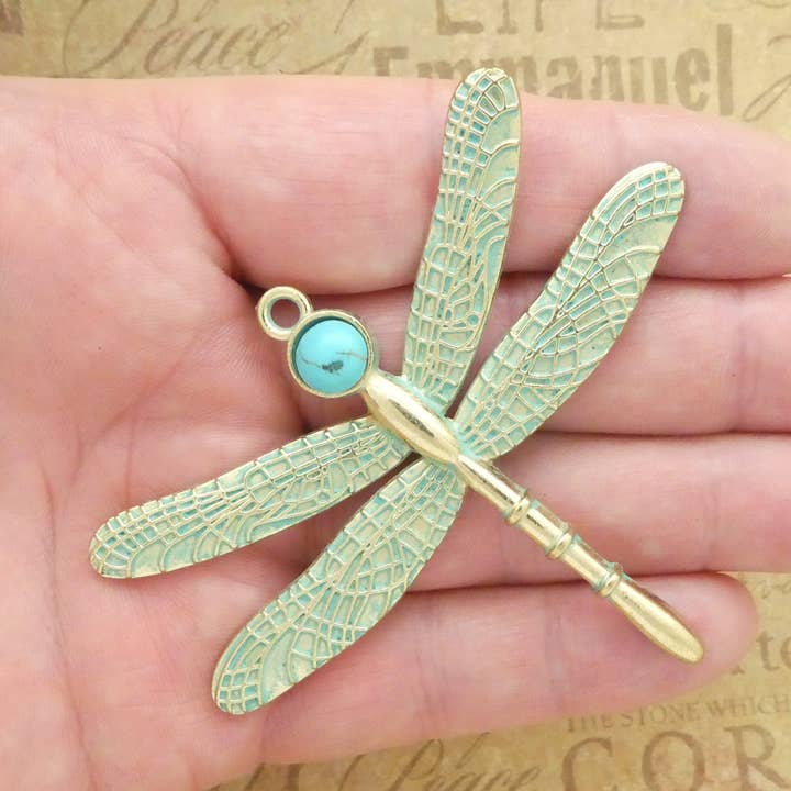 Dragonfly Charm Pendant in Patina Gold with Turquoise Accent for wholesale by Treasure Island