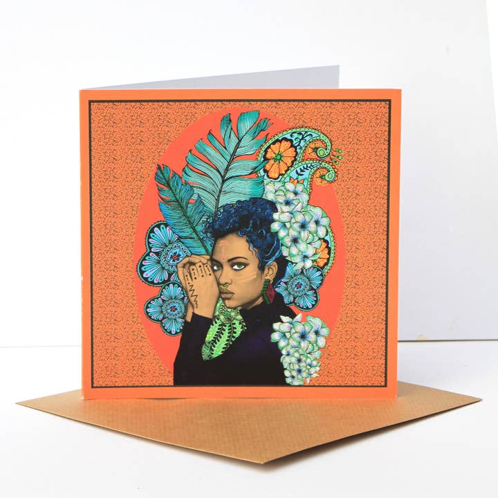 Msdre - Vente Carte de vœux classique - American African Girl Black Queen Flower Crown Mdre Gree3