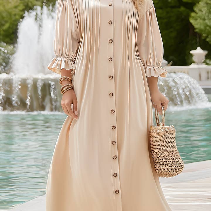 Vintage Buttoned Waist Solid Color Dress – Classic Elegance for wholesale by Lovenne