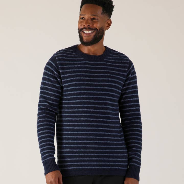 Ridge View Boucle Sweater: Navy Stripe and other Purchase Wholesale sweaters for men. Free Returns & Net 60 Terms on Faire trending on Faire.