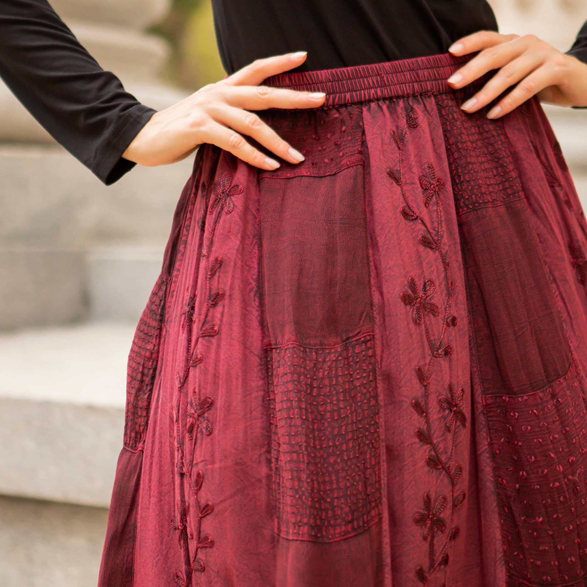 Young Threads - Wholesale Skirt - Women's - Women Patchwork Embroidered Maxi Skirt With Side Pockets3