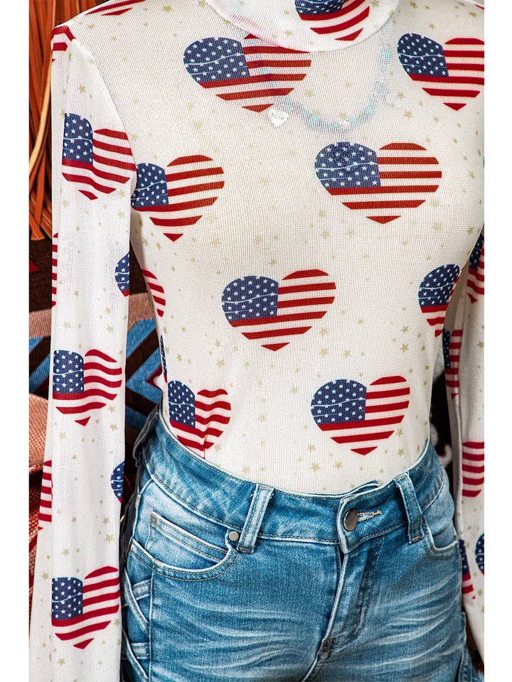 As shown Fashion-W Americana Glitter Mesh Long Sleeve Bodysuit for wholesale on Faire