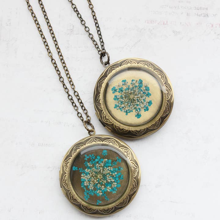 A Pocket of Posies - Wholesale Locket Necklace - Queen Annes Lace Floral Locket Necklace - Teal/Ivory1