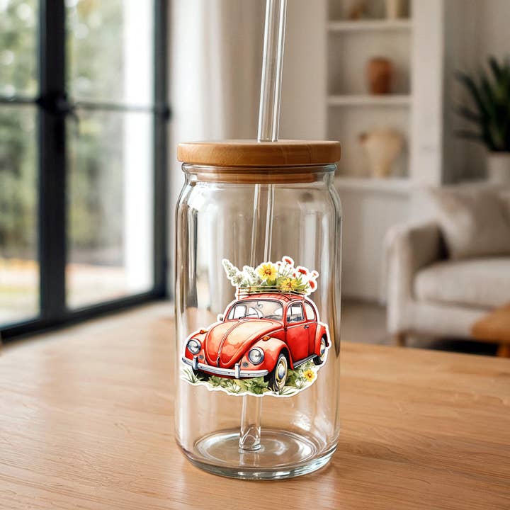 Missional Merch - Vente Autocollant - VW Beetle avec fleurs | Joli autocollant | Autocollant Hippie Happy2