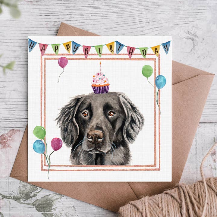 Biglietto di compleanno nero Flatcoat Retriever Cupcake per la vendita all'ingrosso da parte di Cloud Jellybean Art