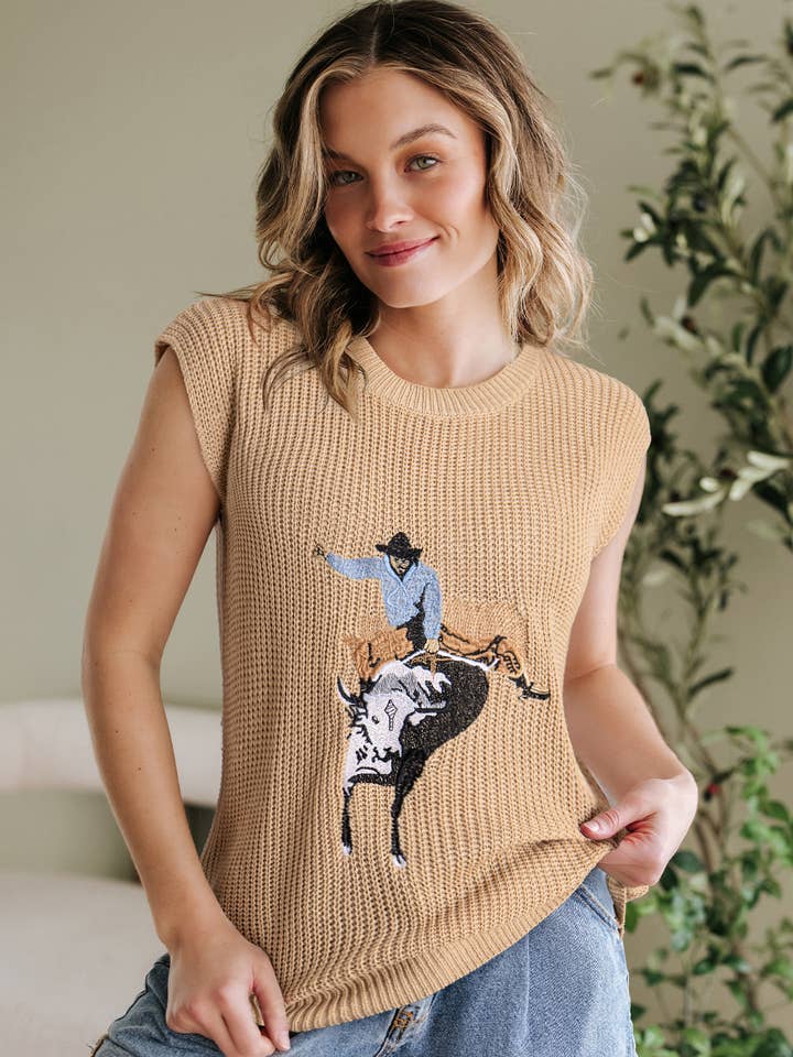 Western Cowboy Embroidery Round Neck Sleeveless Sweater for wholesale by 1 the Woman
