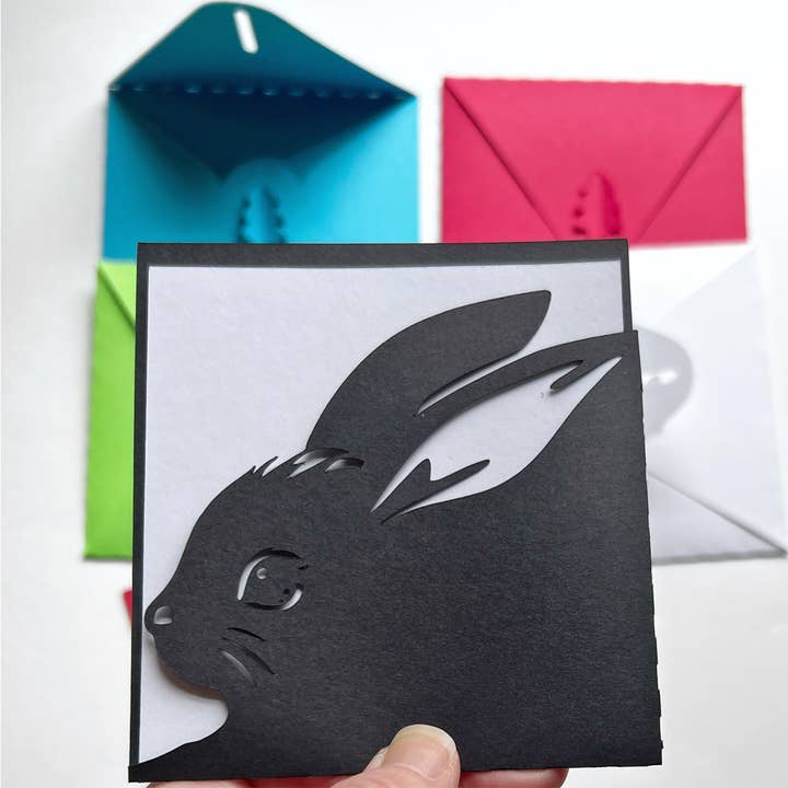 Paper Cut Card + Matching Env BUNNY RABBIT woodland creature for wholesale by Squirrel Tacos Papercuts