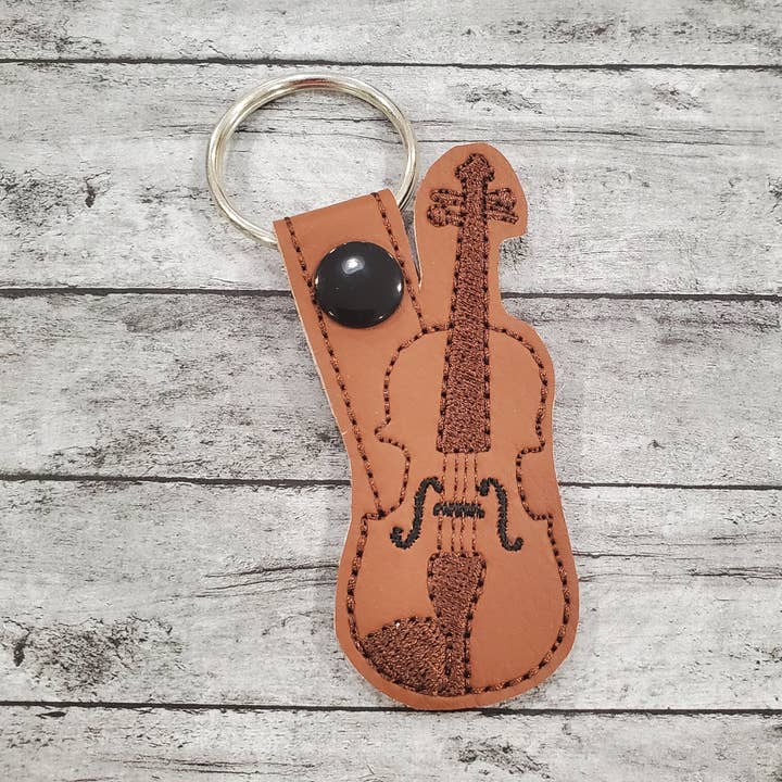 Brown Vinyl Embroidered Fiddle or Violin Key Chain Snap Tab for wholesale by Deckard Designs, LLC