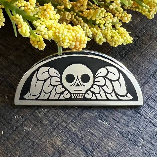 Death's Head Silver Enamel Pin (halloween fall historical) for wholesale by The Winter Den