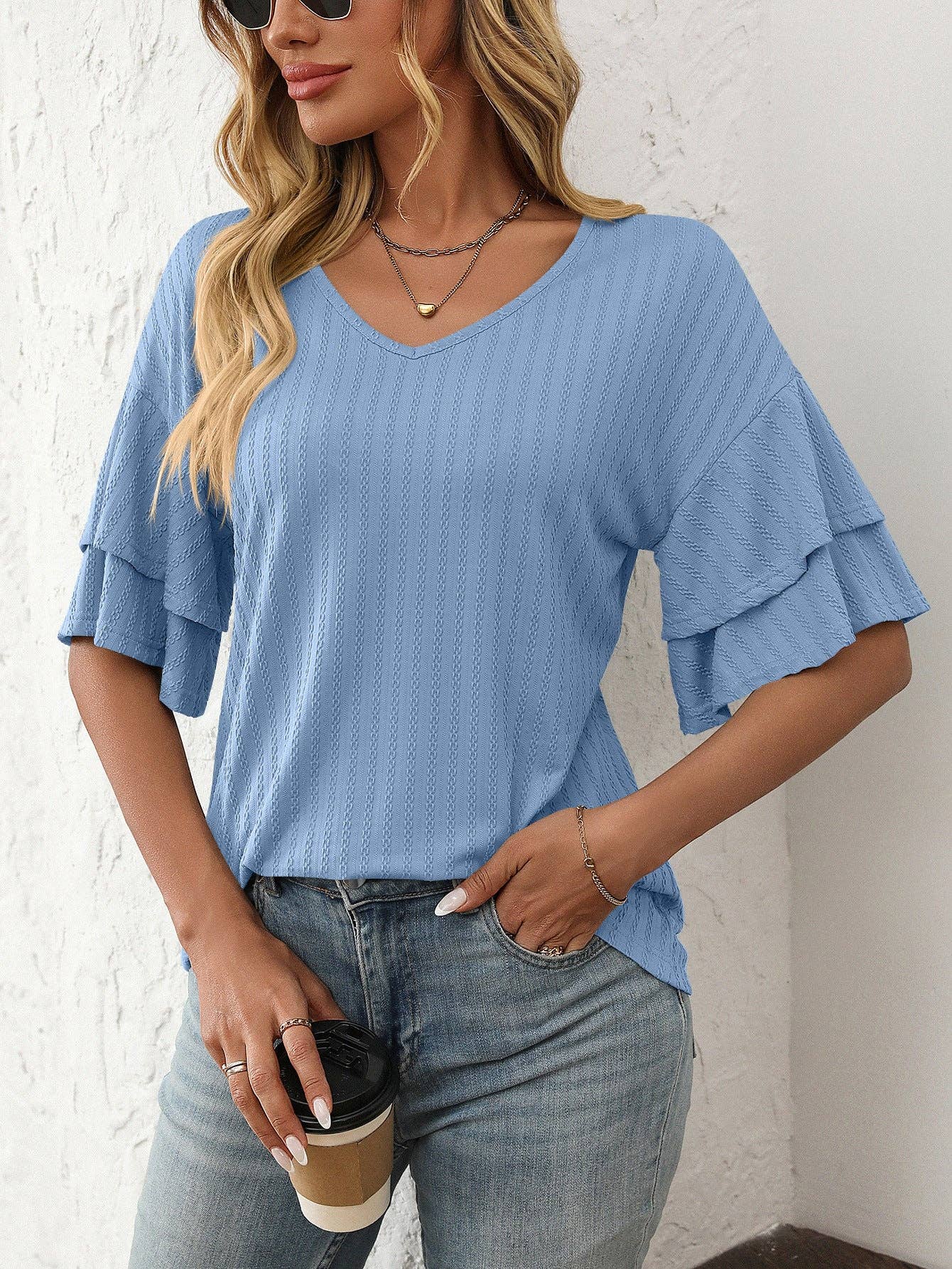Lovesoft - Wholesale Blouse - Women's - 2026 Spring Solid Color V-Neck Ruffle Sleeve ShortSleeve Top7