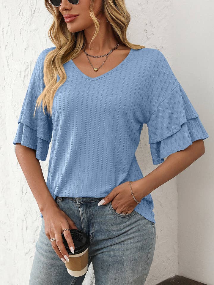 Lovesoft - Wholesale Blouse - Women's - 2026 Spring Solid Color V-Neck Ruffle Sleeve ShortSleeve Top7