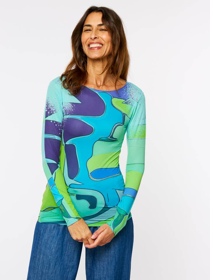 AMB Designs - Wholesale Knit Top - Women's - Aqua Waves Raw Edge Second Skin Top