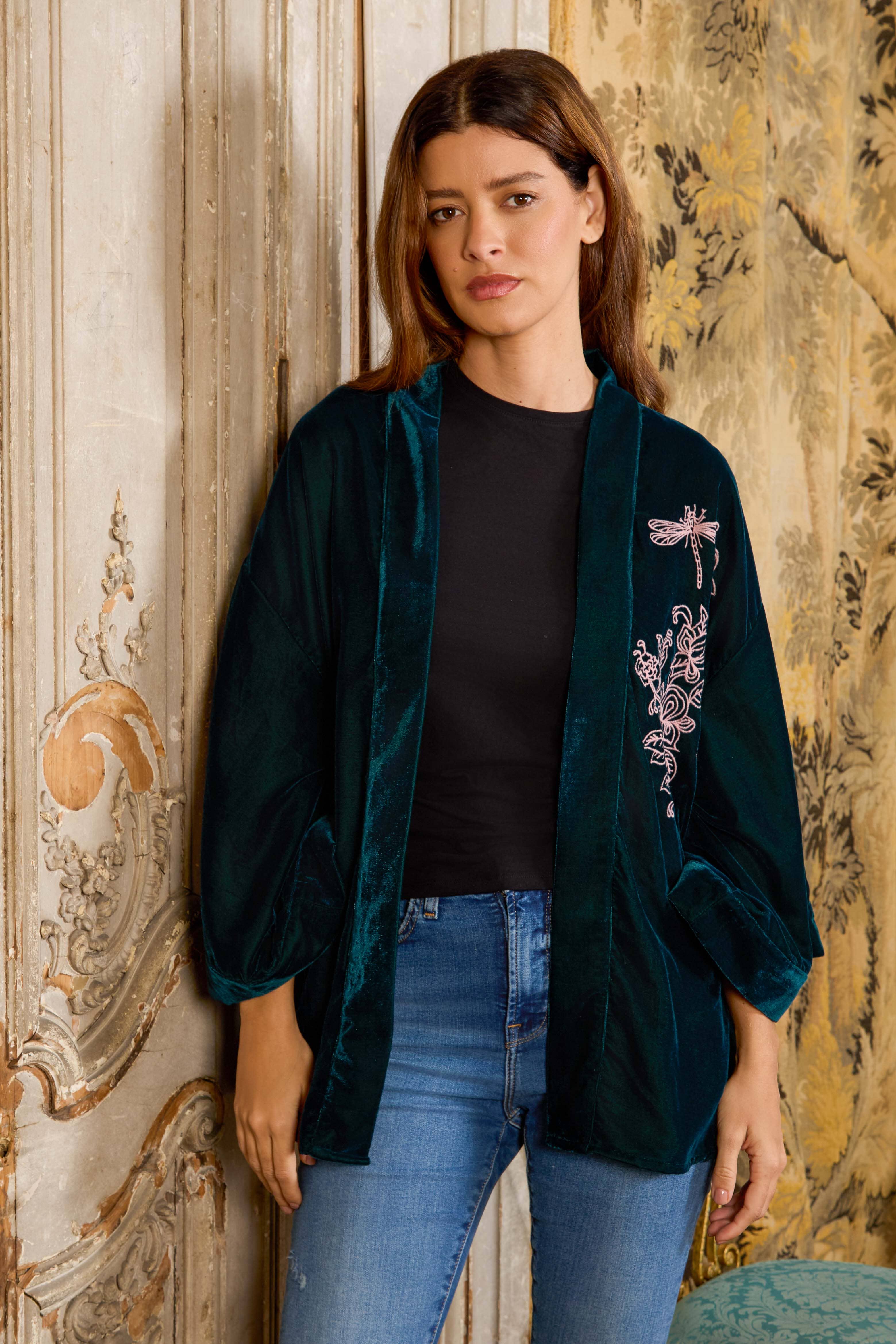 Artemis Muse - Wholesale Kimono - Women's - Wild Flowers & Butterflies Teal & Pink Velvet Embroidered Short Kimono4