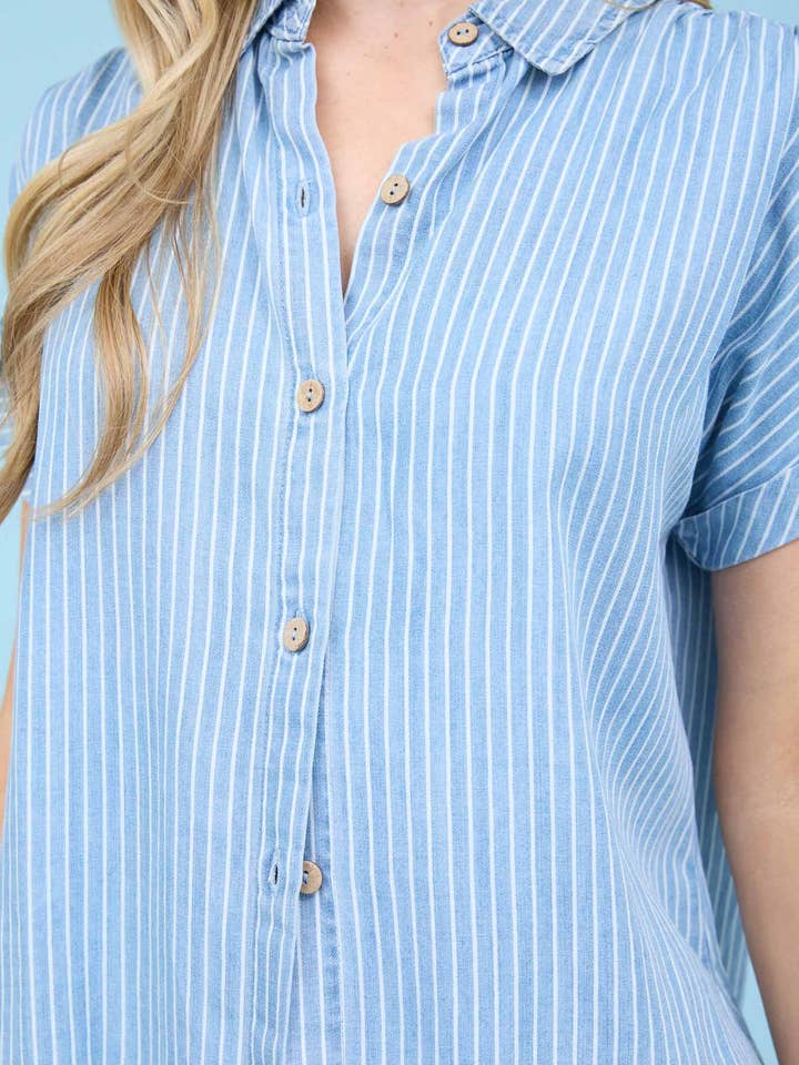 STRIPE CHAMBRAY BUTTON DOWN SHORT SLEEVE SHIRT for wholesale on Faire