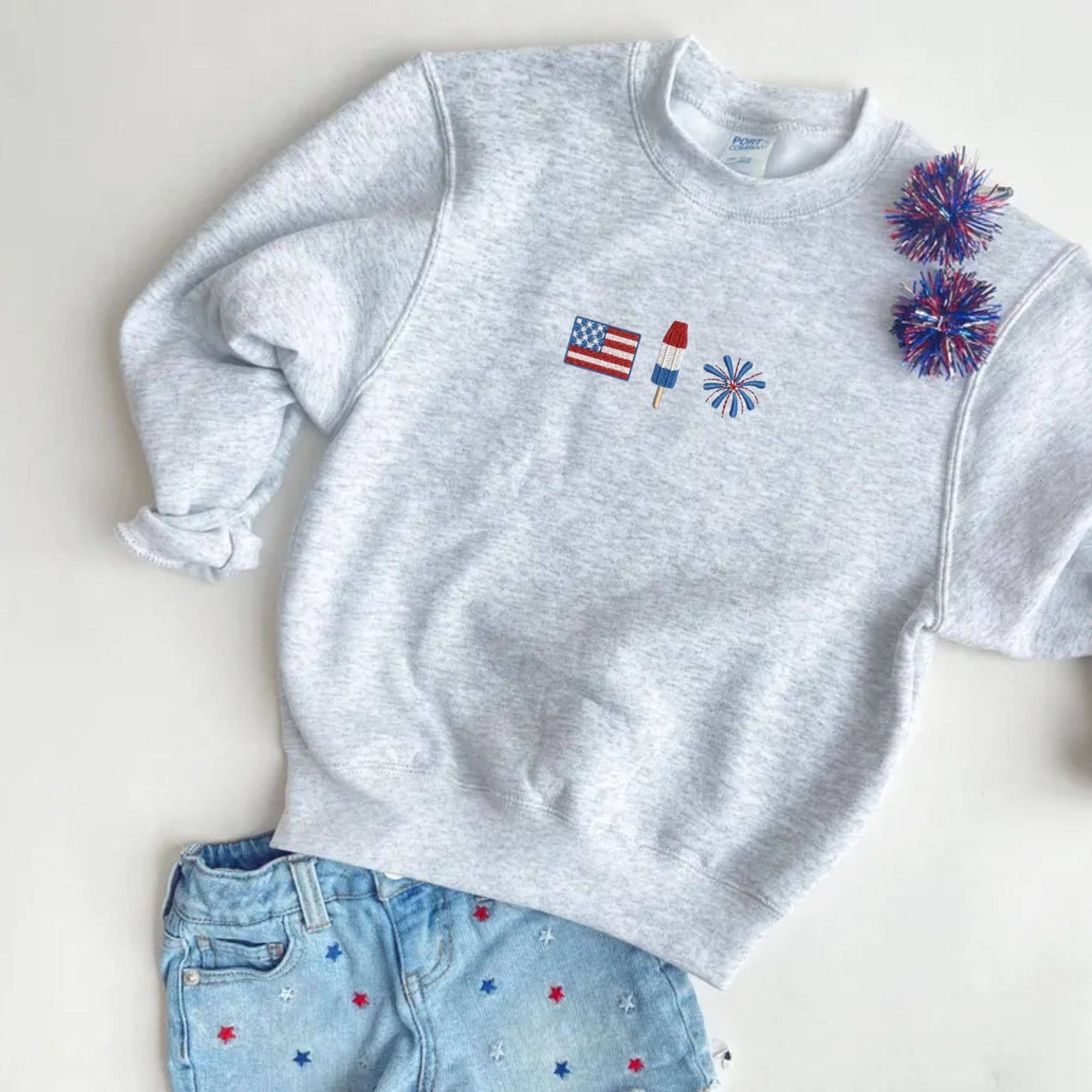 Arden & Gold - Wholesale Sweatshirt - Kids - Kids 4th of July Icons Embroidered Crewneck Sweatshirt 4