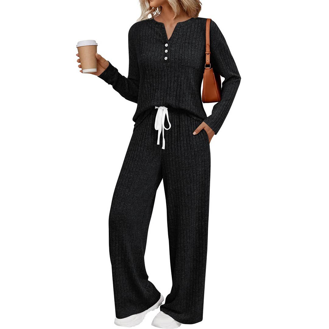 UNISHE - Vente Ensemble de vêtements d'intérieur – femme - Ensemble de pyjama à manches longues côtelées avec boutons et pantalon AXY0395