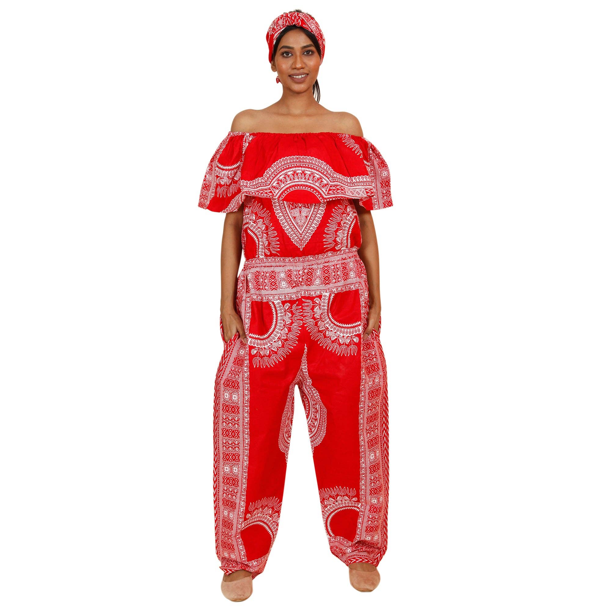 African Stars - Wholesale Jumpsuit - Women's - Women's Dashiki Off Shoulder Frill Jumpsuit -- FI-3061D6