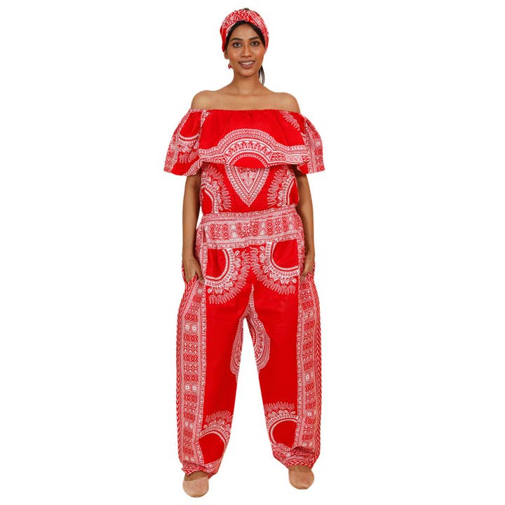 African Stars - Wholesale Jumpsuit - Women's - Women's Dashiki Off Shoulder Frill Jumpsuit -- FI-3061D6