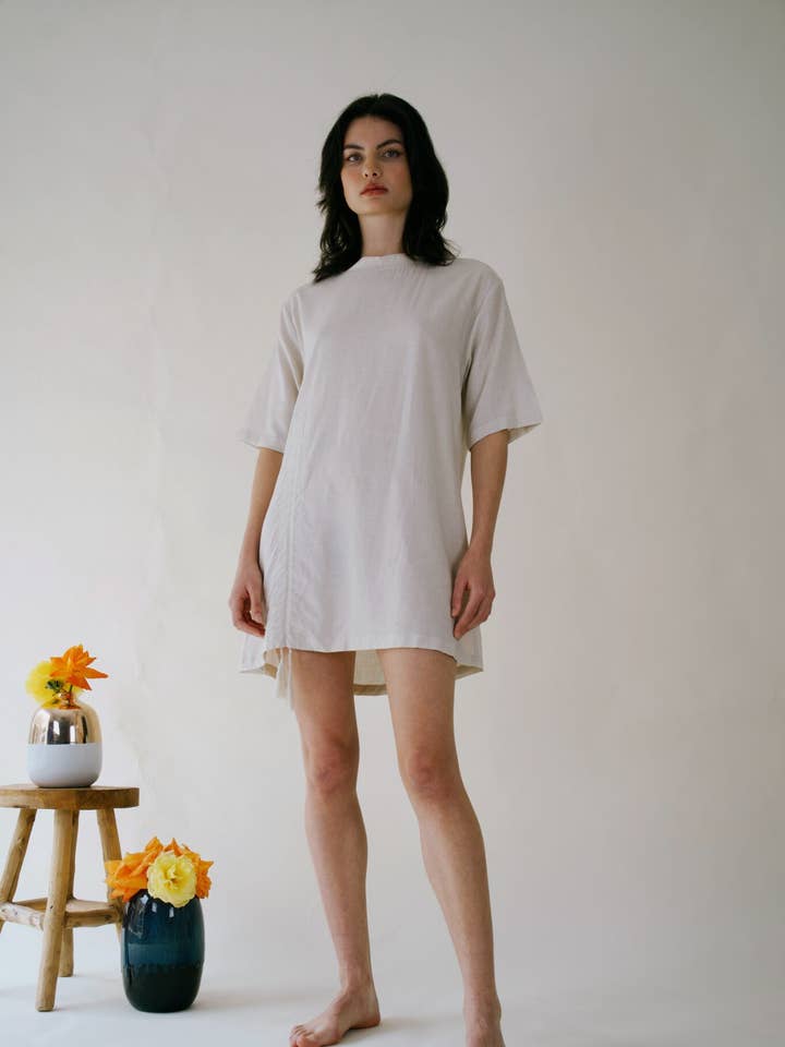 Short white linen t-shirt dress for wholesale by Lacerf