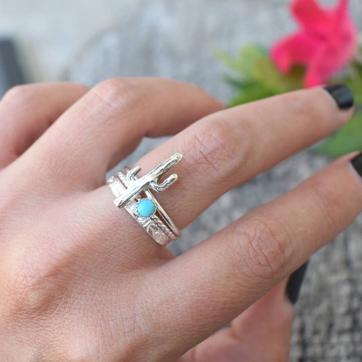 A Wild Violet – Großhandel Einzelstein-/Solitär-Ring – Türkis-Saguaro-Kaktus-Ring-Set