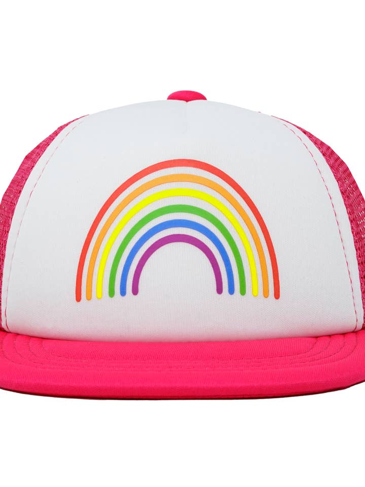 Trucker-Hut mit flacher Krempe: Regenbogen (knallrosa/weiß) für den Großhandel von Funky Junque