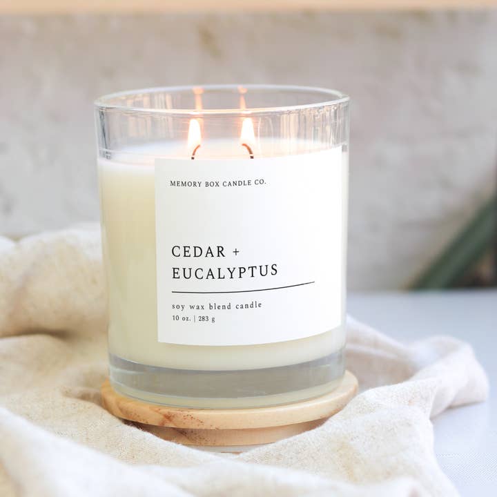 Memory Box Candle Co. - Wholesale Jar/Filled Candle - Cedar + Eucalyptus - 10 oz. Clear Glass Soy Candle