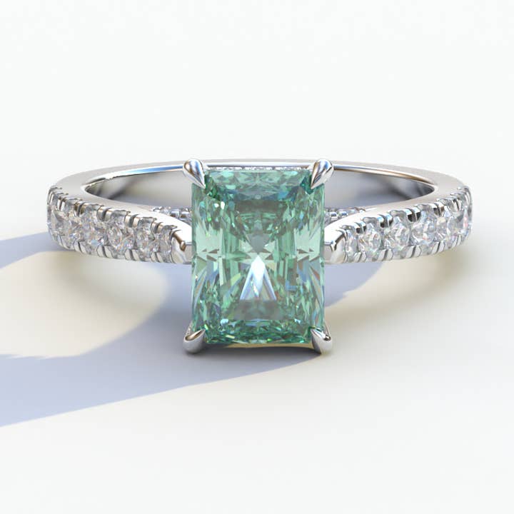 Bague en diamant de laboratoire de 2 carats, taille radiant verte, halo et pavé - Asphalte pour la vente par Mohana Jewels - Luxury