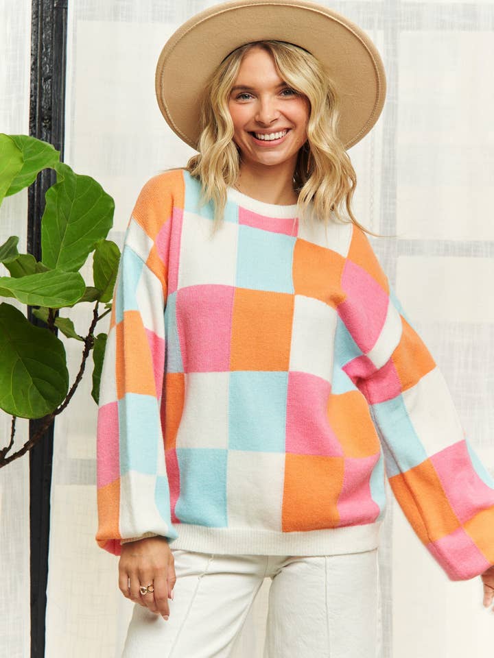 MULTIFARVET TERNET FARVEBLOK SWEATER - LESW3796 for engroshandel hos Madelyn