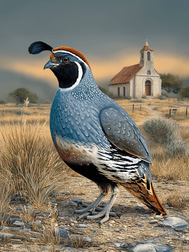 Gambel's Quail Near Adobe Church Art Print - 8"x10" Artwork for 11"x14" Frame for wholesale by Mowbi