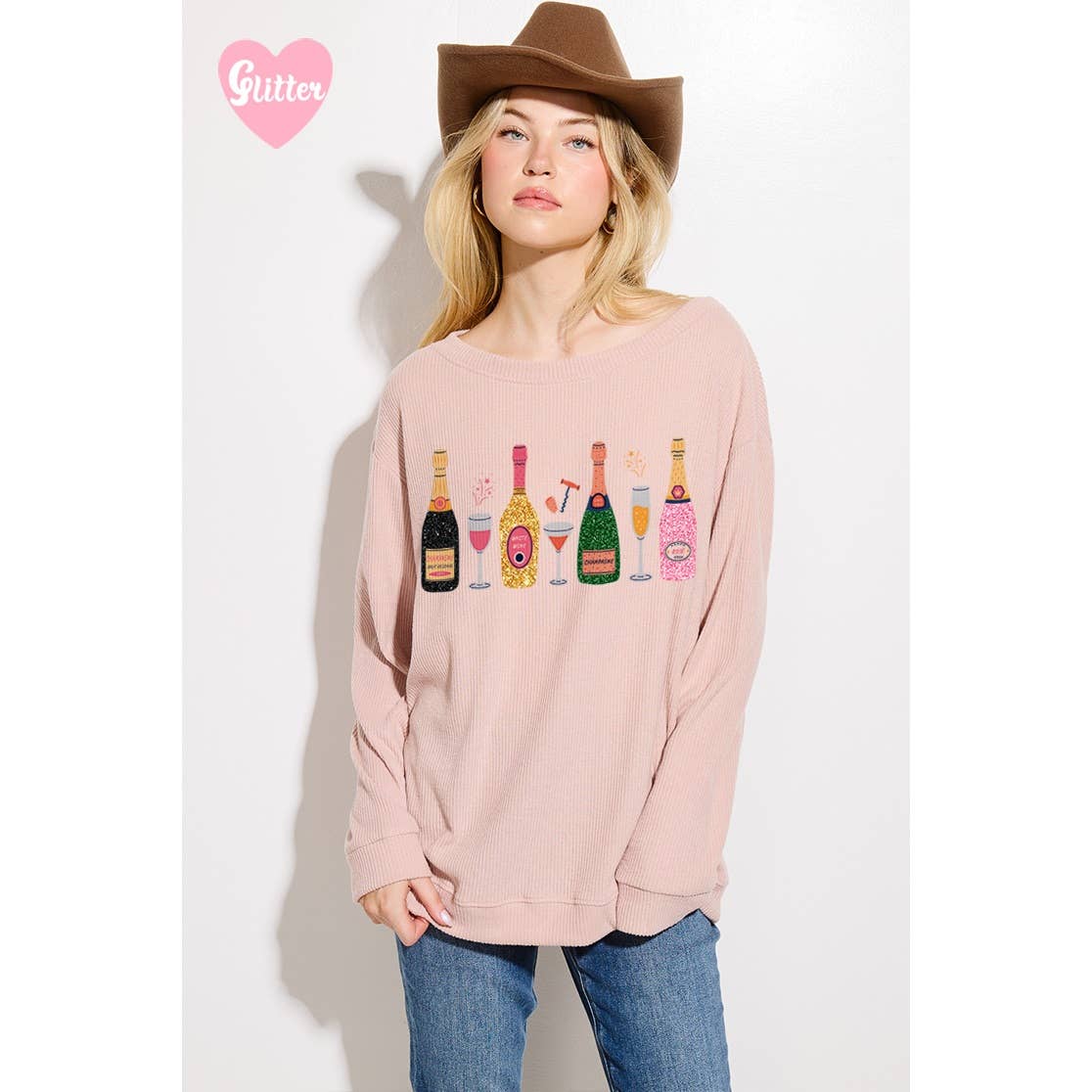 Phil Love - Wholesale Graphic Sweatshirt - Women's - Champagne bottle glitter Ribbed Long Sleeve Top3