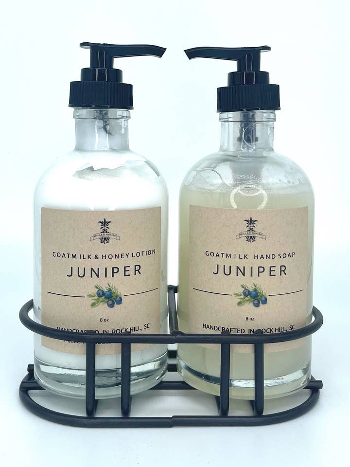 Juniper/ 1 - 8oz Goatmilk and Honey lotion 1 - 8oz Goatmilk hand soap 1 caddy rubbed bronzeLotion and Soap Combo for wholesale by Millerhouseeight16