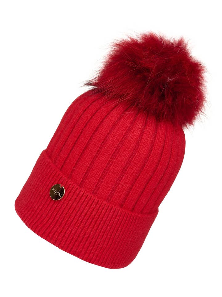Adults Ruby Red Angora Beanie Hat with matching Pom for wholesale by Popski London