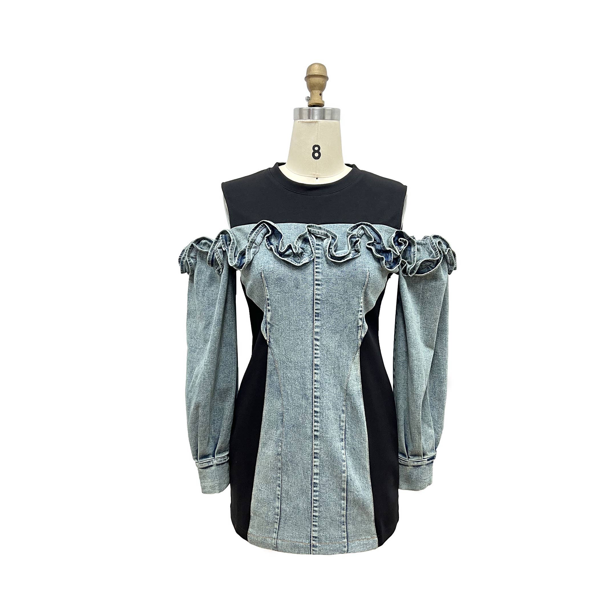 XHHH Inc - Wholesale Dress - Women's - Off the Shoulder Denim Contrast Dress8